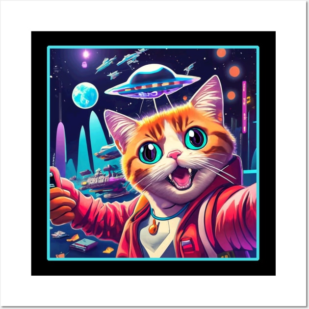 Funny Cat Alien UFO Selfie Wall Art by Etopix